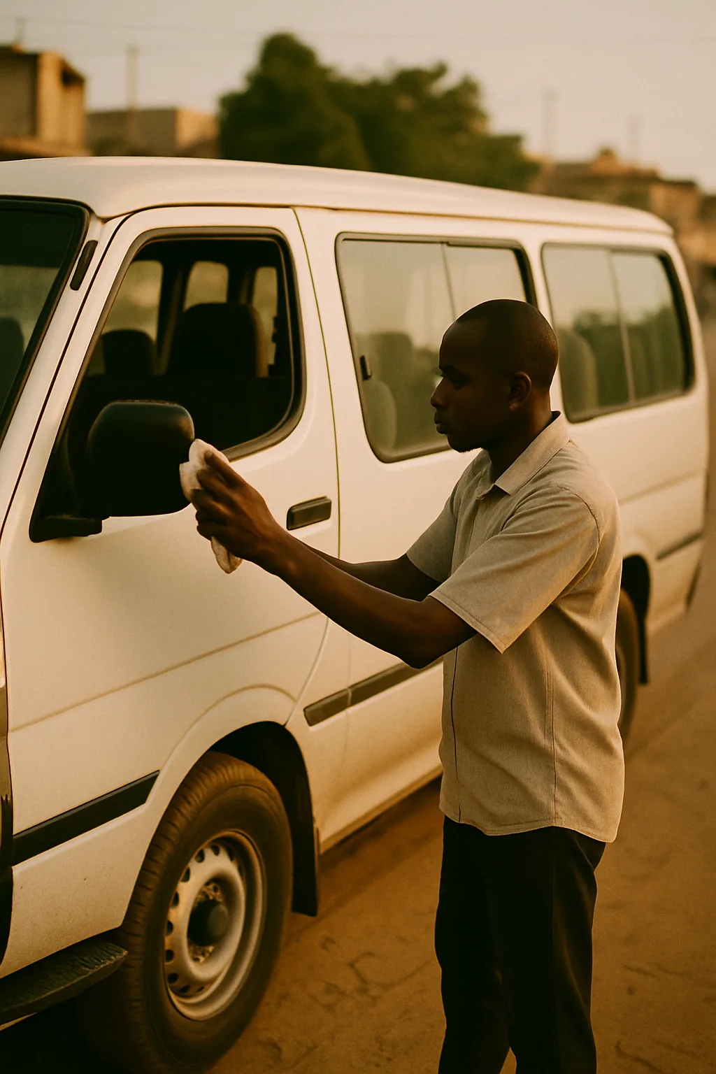 Un chauffeur essuie le rétroviseur d’un minibus blanc au petit matin.